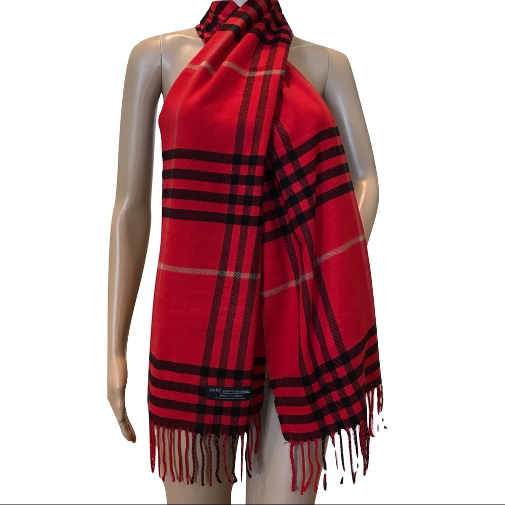 100% Cashmere Red and Black Plaid Super Soft Scarf